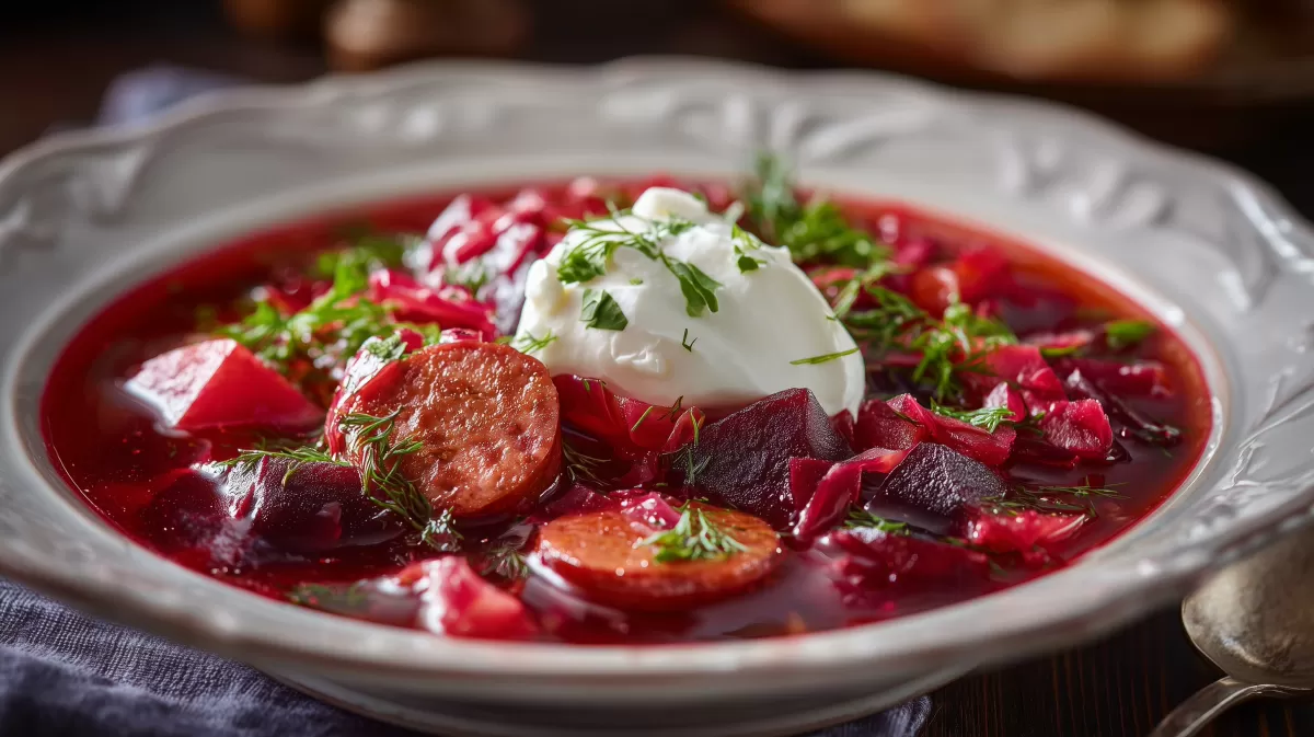 Russischer Borschtsch mit Sauerrahm und Dill