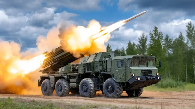 Russischer Mehrfachraketenwerfer feuert Raketen im Wald