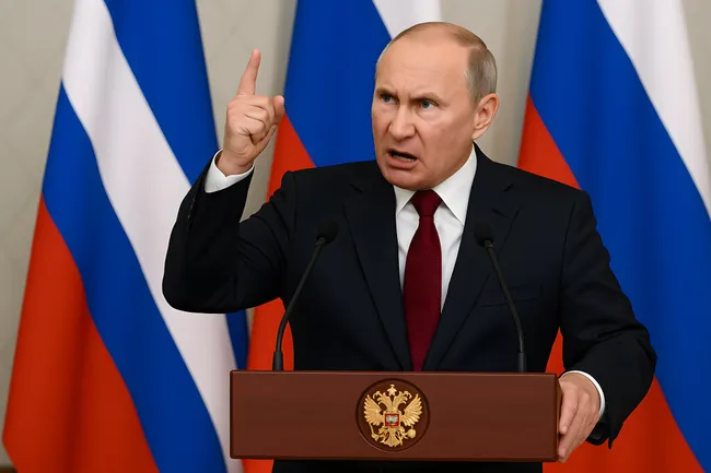 Russischer Präsident bei emotionaler Rede vor Flaggen