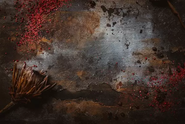 Rustic Metalic Backgroun With Red Peppers And Dried Protea