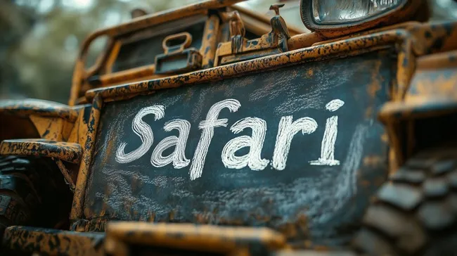 Rustikal lackierter Geländewagen mit Safari-Schriftzug