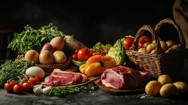 Rustikale Anordnung von frischem Obst und Gemüse