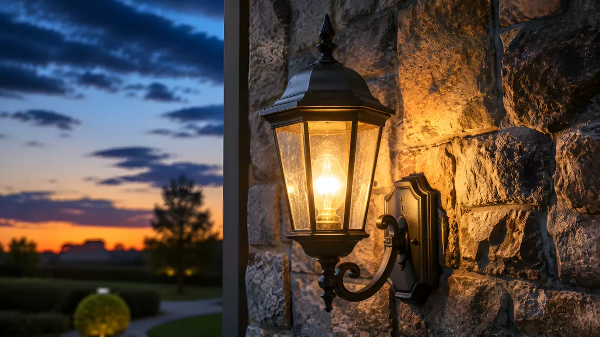 Rustikale Außenlaterne an Steinwand im Abendlicht