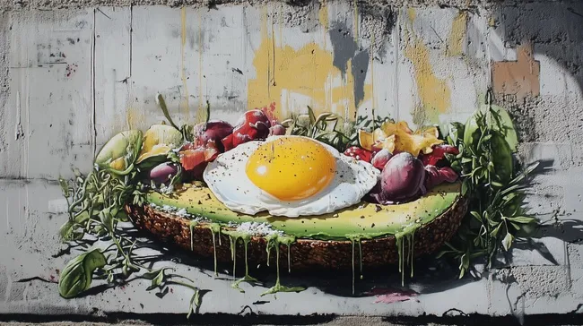 Rustikale Avocado-Toast-Komposition mit Ei und Gemüse