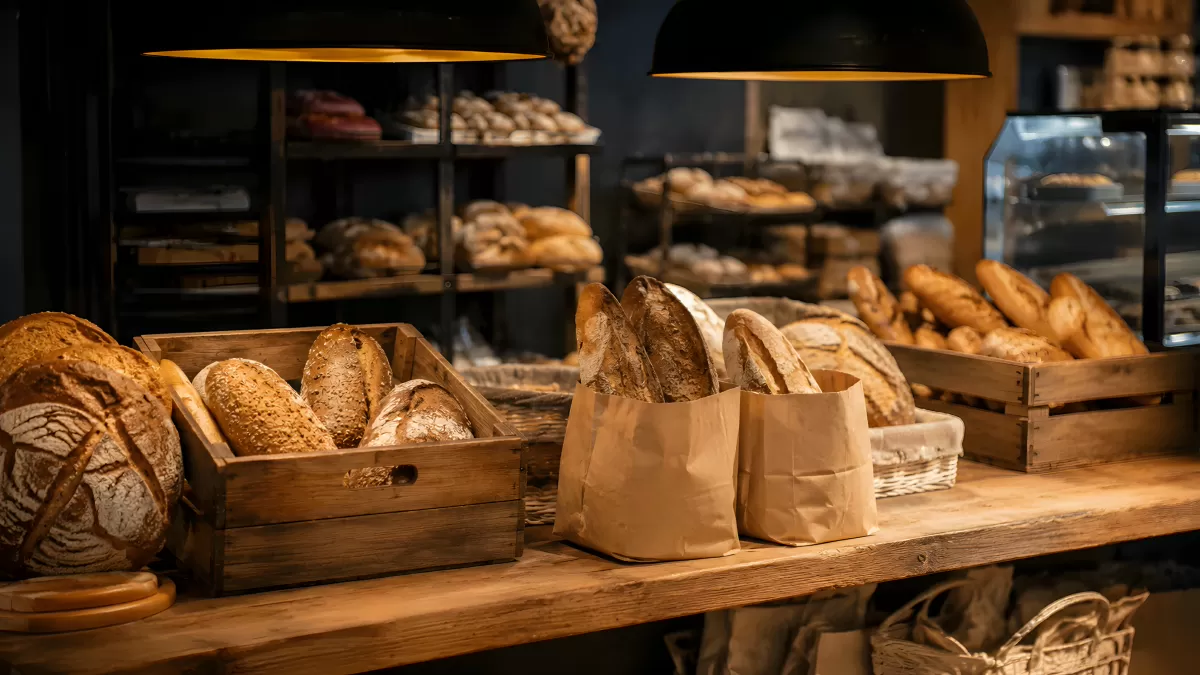 Rustikale Bäckerei mit frisch gebackenem Sauerteigbrot