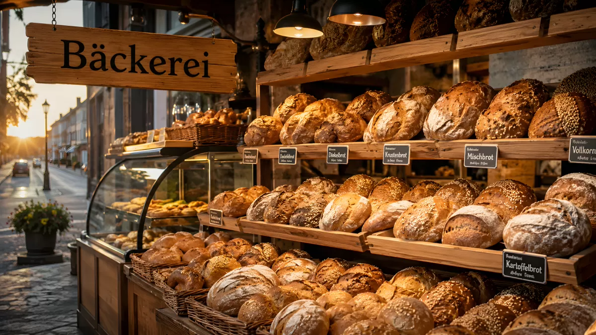 Rustikale Bäckerei mit frischen Broten im Holzregal