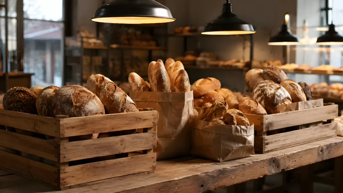 Rustikale Bäckerei mit frischen Broten in Holzkisten