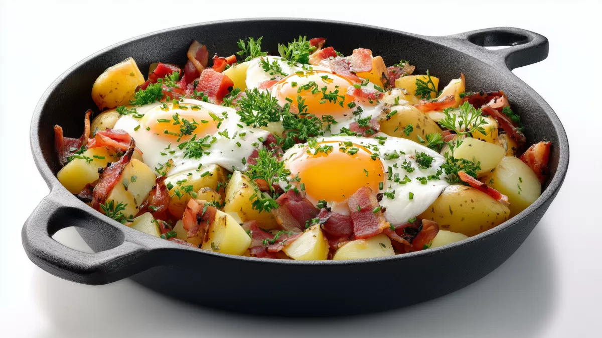 Rustikale Bauernpfanne mit Speck, Ei und Kartoffeln