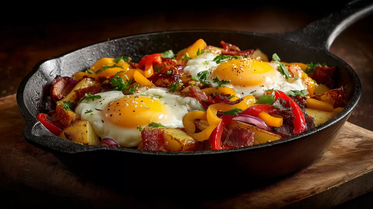 Rustikale Bauernpfanne mit Spiegelei und Paprika