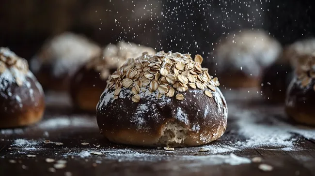 Rustikale Brötchen mit Haferflocken und Mehl auf dunkler Holzfläche