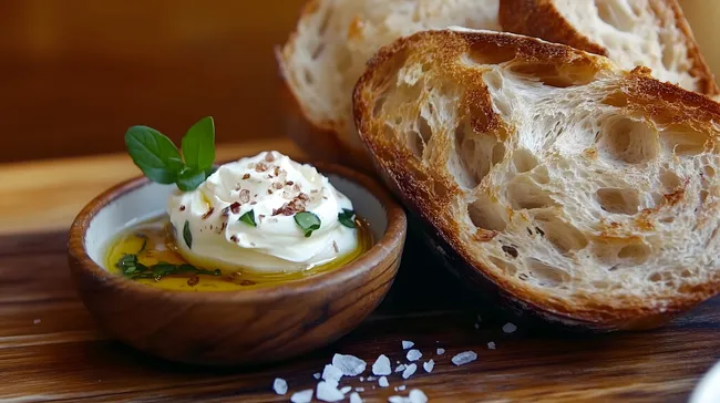 Rustikale Brotscheiben mit Kräuterdip auf Holztisch