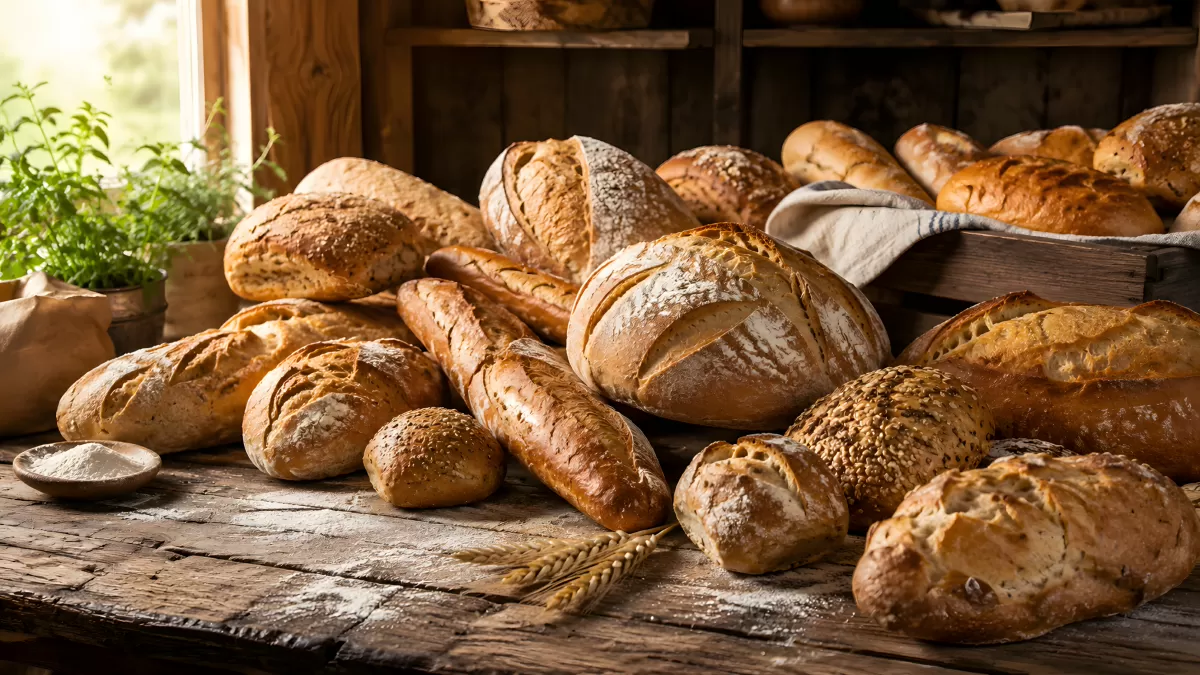 Rustikale Brotvielfalt auf altem Holztisch im Warmlicht