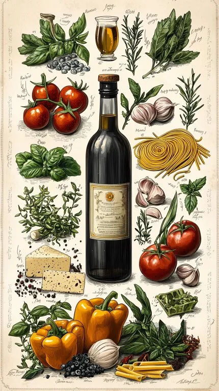 Rustikale Collage mit italienischen Lebensmitteln und Wein