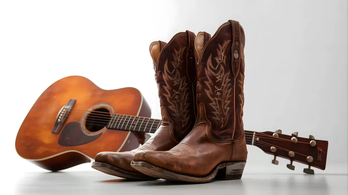 Rustikale Cowboystiefel mit Akustikgitarre im Country-Stil