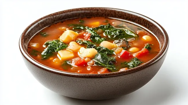 Rustikale Gemüsesuppe mit Kohl in brauner Schüssel