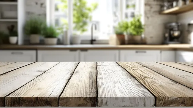 Rustikale Holzarbeitsplatte in heller, moderner Küche