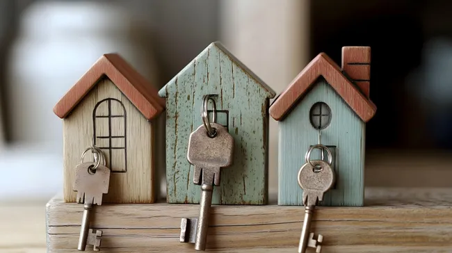 Rustikale Holzhäuser mit Schlüsseln - Wanddekoration