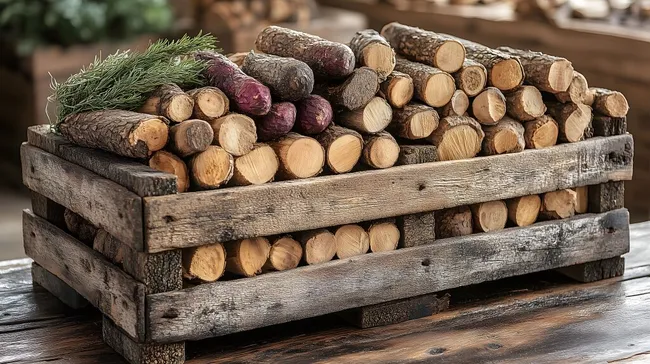 Rustikale Holzkiste mit Brennholz für den Winter