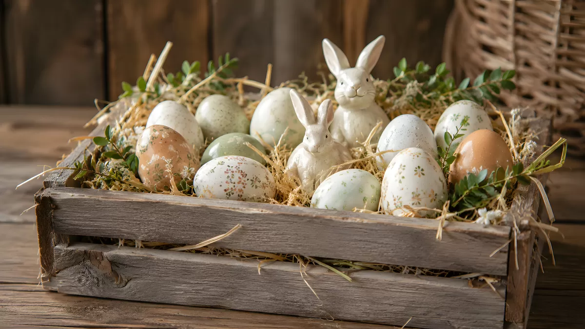 Rustikale Holzkiste mit Ostereiern und Hasenfiguren