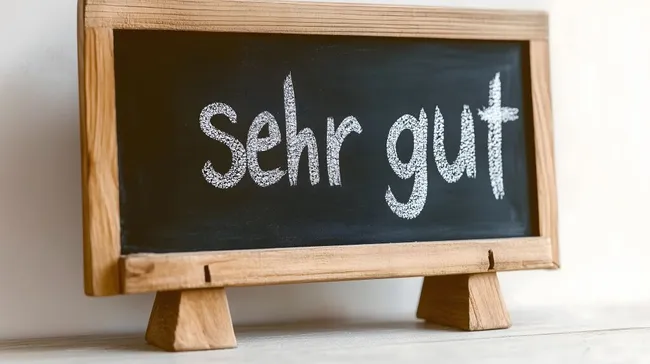 Rustikale Holztafel mit Kreideaufschrift 'Sehr gut'