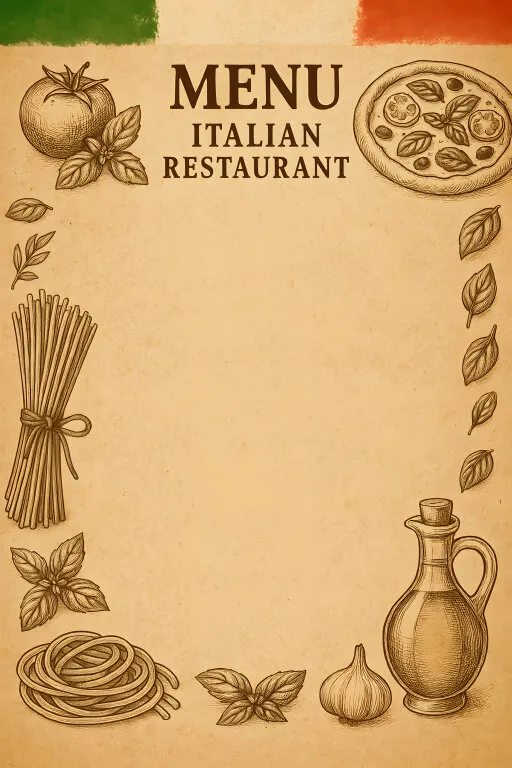 Rustikale italienische Restaurantspeisetafel mit Pasta und Pizza