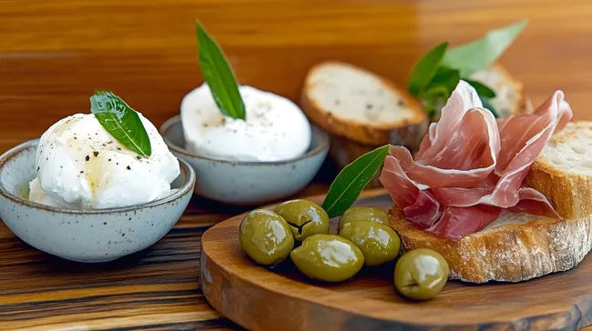 Rustikale italienische Vorspeise mit Mozzarella, Schinken und Oliven