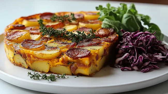 Rustikale Kartoffel-Frittata mit Chorizo und Grünkrautsalat
