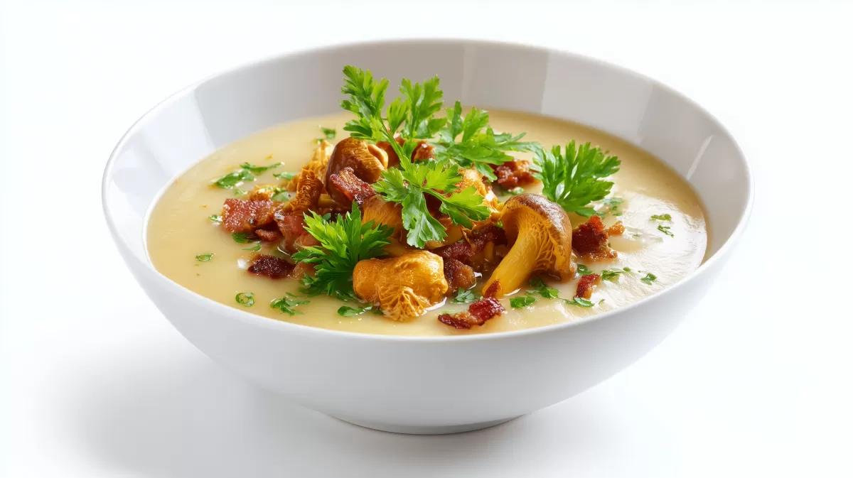 Rustikale Kartoffelsuppe mit Pfifferlingen und Speck
