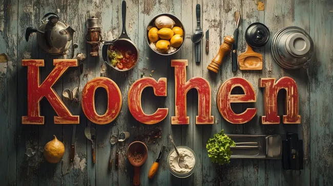 Rustikale Küchen-Stillleben mit Lebensmitteln und Kochutensilien