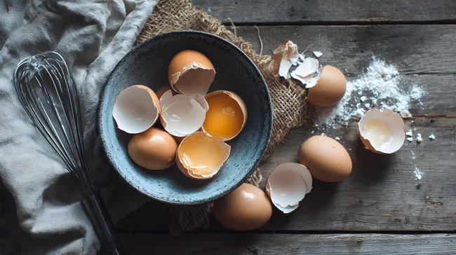 Rustikale Küchenszene mit frischen Eiern