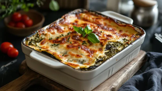 Rustikale Lasagne mit Pesto und frischem Basilikum