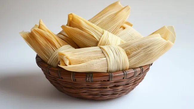 Rustikale Maisblätter in Weidenkorb