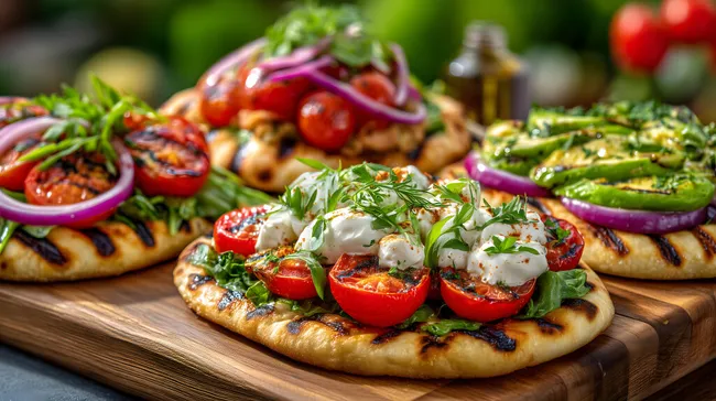 Rustikale Mediterraner Fladenbrot-Snack mit Tomaten und Kräutern