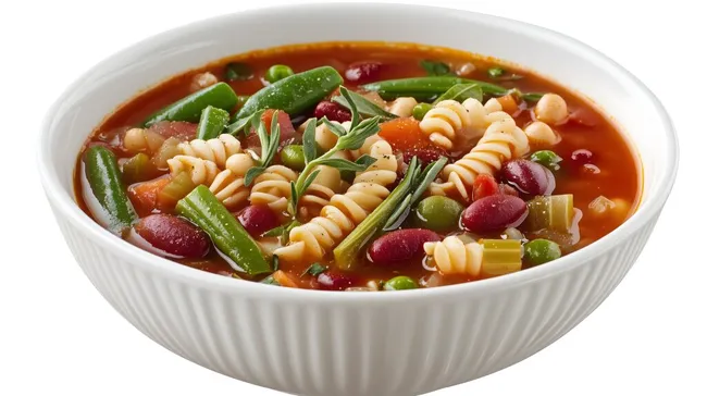 Rustikale Minestrone-Suppe in weißer Schüssel