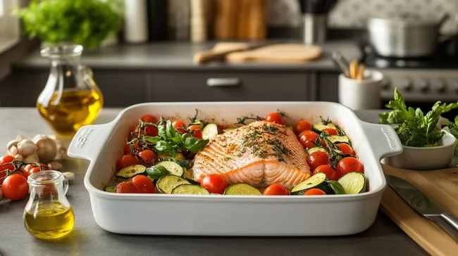 Rustikale Ofenpfanne mit Lachs, Zucchini und Kirschtomaten