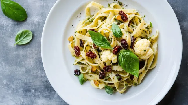 Rustikale Pasta-Kreation mit Blumenkohl und getrockneten Tomaten