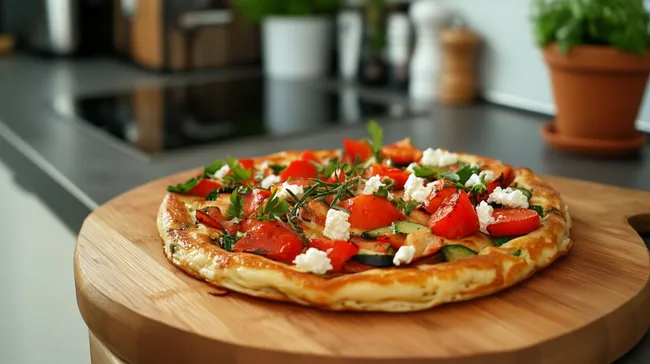 Rustikale Pizza mit frischem Gemüse und Feta