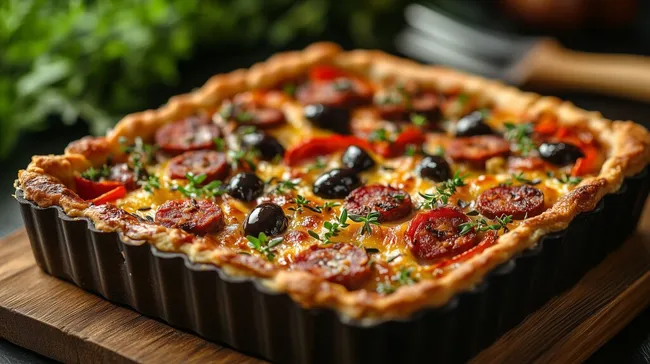 Rustikale Quiche mit Chorizo und Oliven