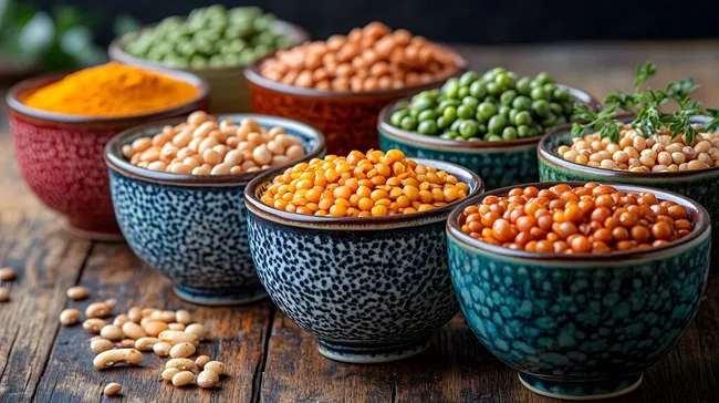Rustikale Schalen mit Hülsenfrüchten und Gewürzen