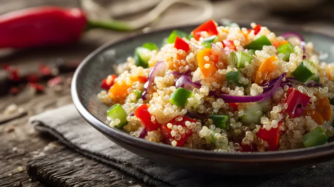 Rustikale Schüssel mit buntem Quinoa-Gemüsesalat