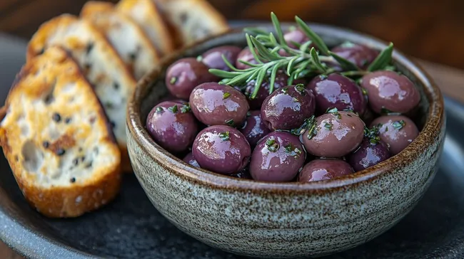 Rustikale Schüssel mit marinierter Oliven und Toast