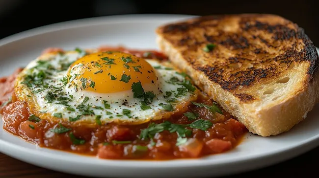 Rustikale Shakshuka mit knusprigem Bauernbrot