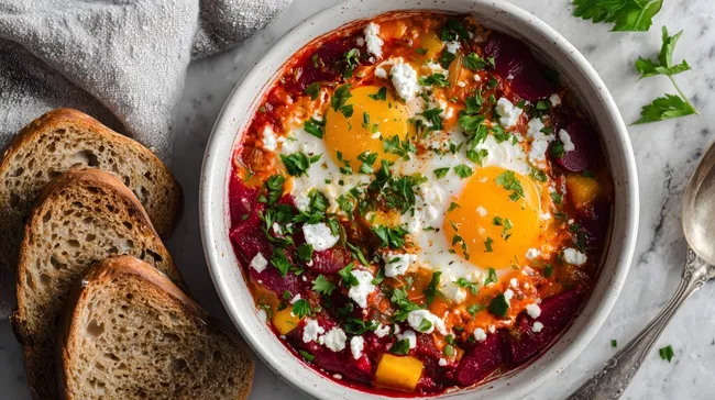 Rustikale Shakshuka-Pfanne mit Eiern und frischem Brot