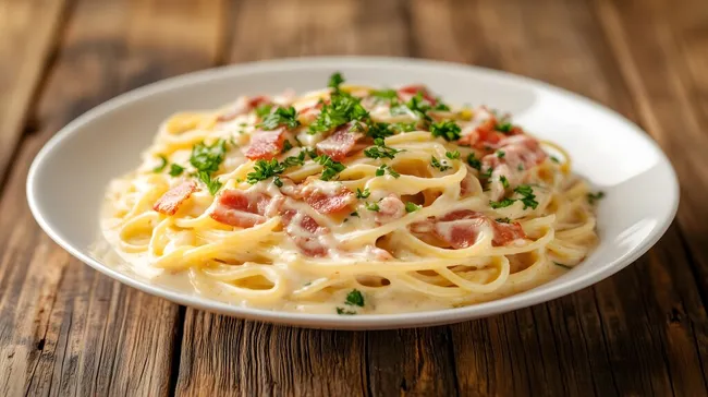 Rustikale Spaghetti Carbonara mit frischer Petersilie
