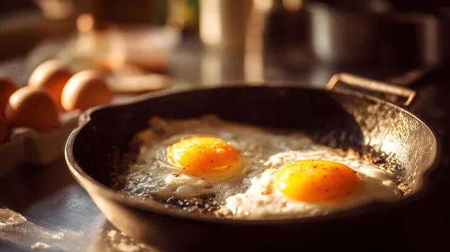Rustikale Spiegeleier in der Pfanne