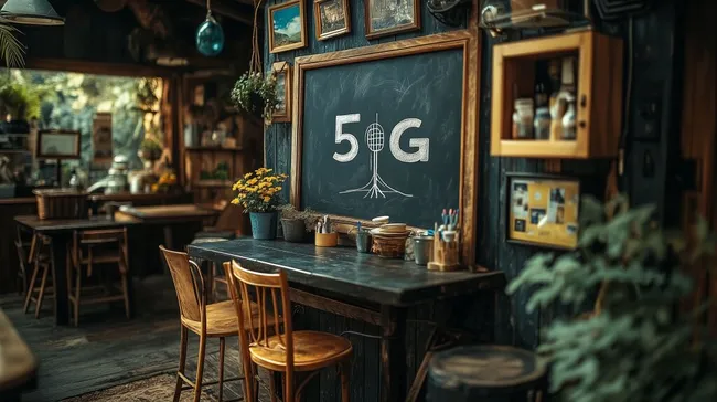 Rustikale Tafel mit 5G-Symbol in Café-Ambiente