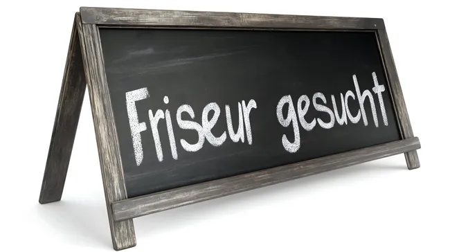 Rustikale Tafel mit Kreideaufschrift 'Friseur gesucht'