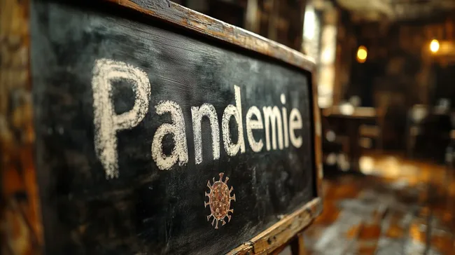 Rustikale Tafel mit Pandemie-Schriftzug und Virussymbol