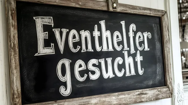 Rustikale Tafel mit Stellenausschreibung 'Eventhelfer gesucht'