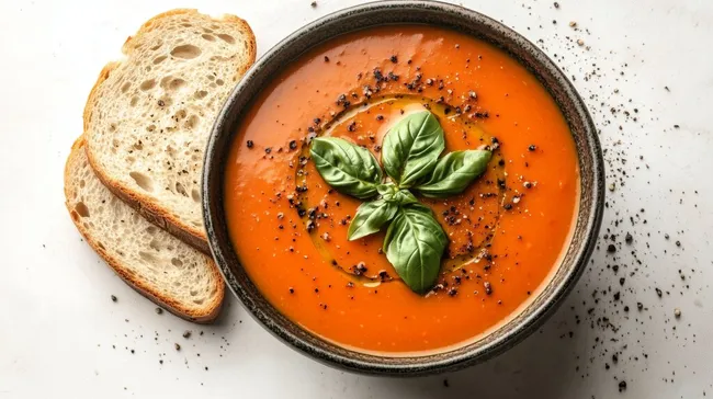 Rustikale Tomatensuppe mit Basilikum und Brotscheiben